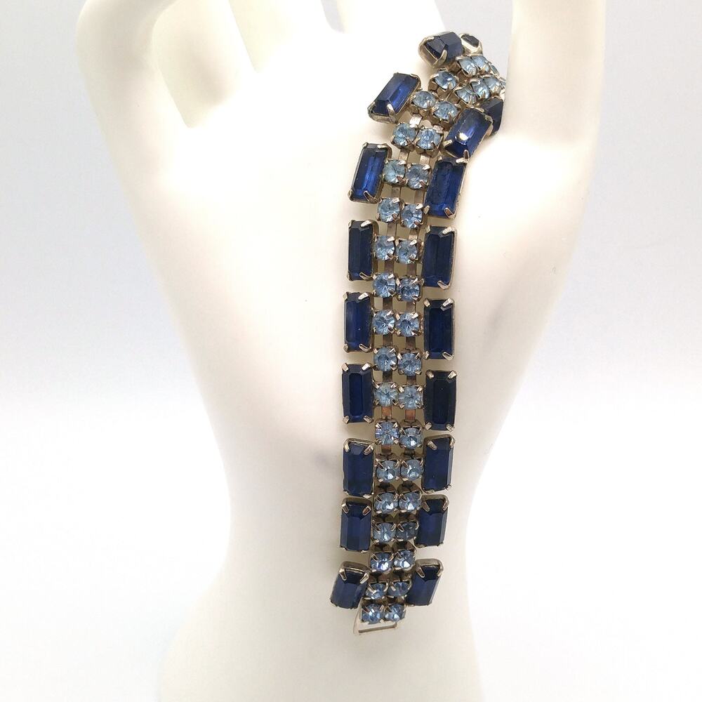 Blue Rhinestone Wide Bracelet, Darker Lighter Blue, Mid-Century, 1950s Vintage
